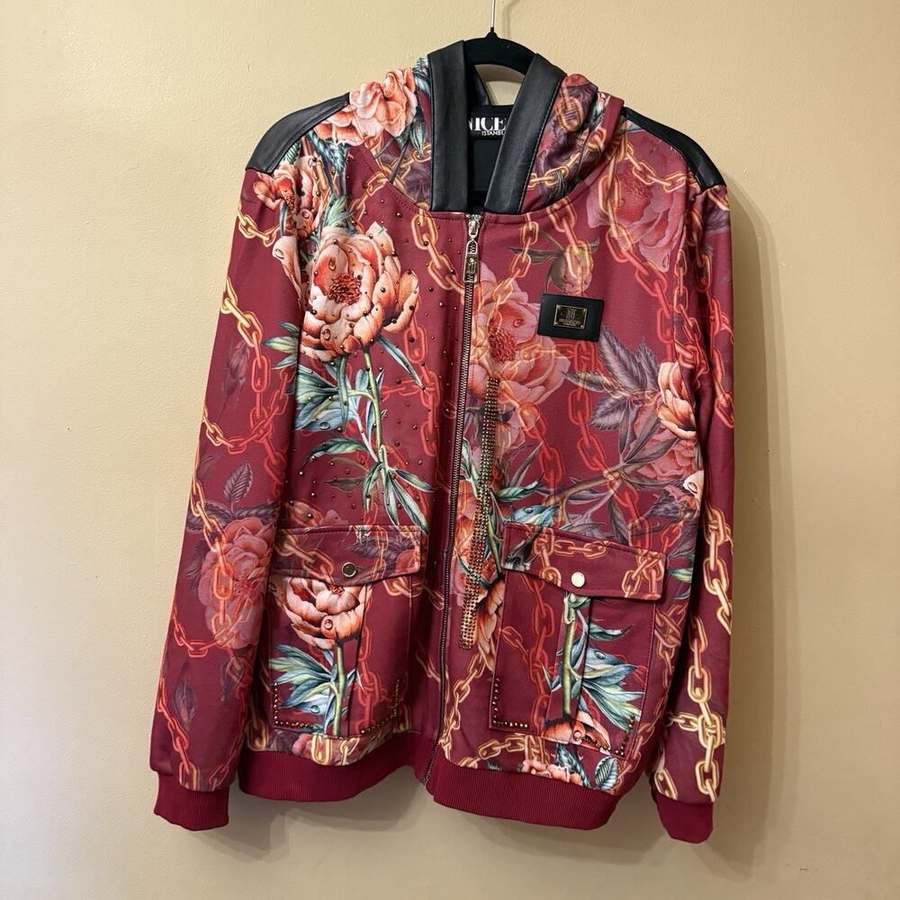 Y2K McBling Hoodie Jacket Womens L XL Floral Rhinestone Baroque Pop-Art